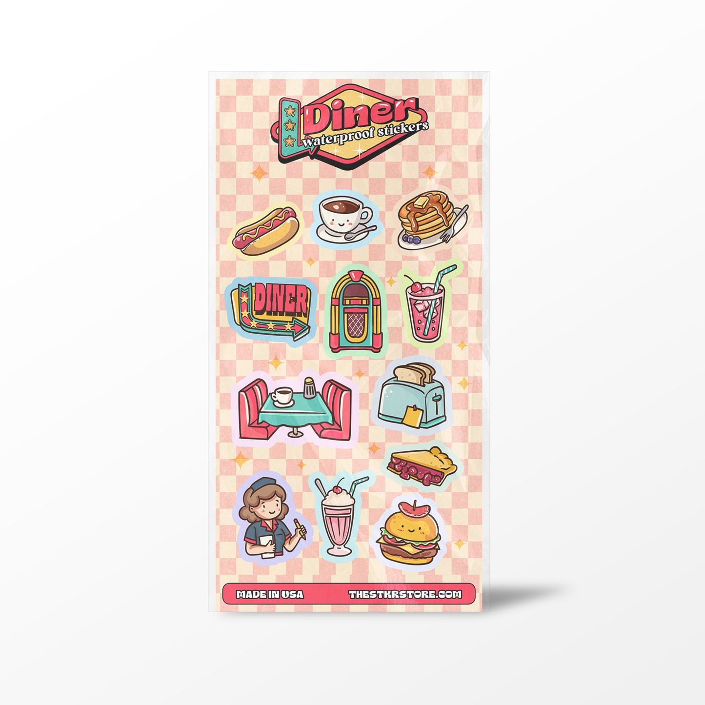 Pack of diner-themed stickers with illustrations on a pink and white checkered background
