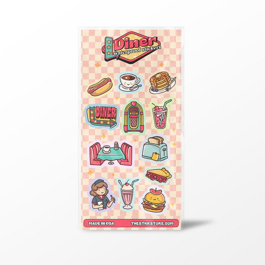 Pack of diner-themed stickers with illustrations on a pink and white checkered background