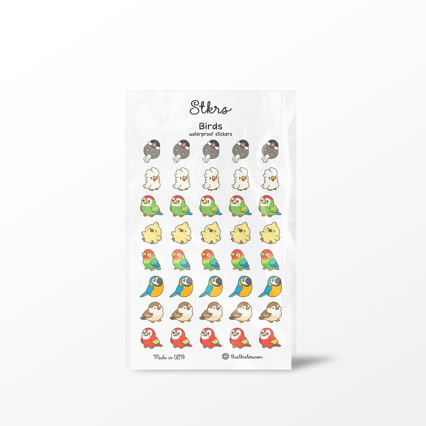 Sheet of bird stickers with 'Steko' branding on a white background