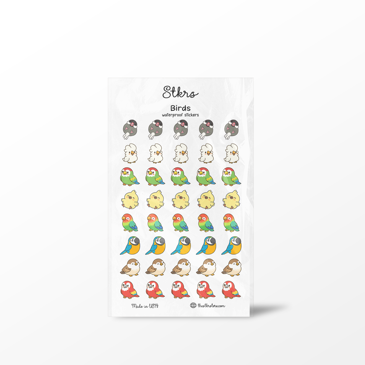 Sheet of bird stickers with 'Steko' branding on a white background