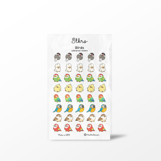 Sheet of bird stickers with 'Steko' branding on a white background