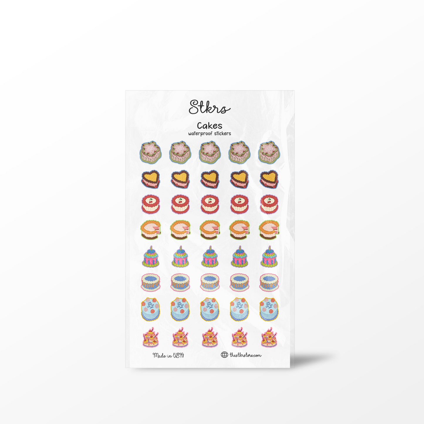 Sheet of cake-themed stickers by Stikro on a white background