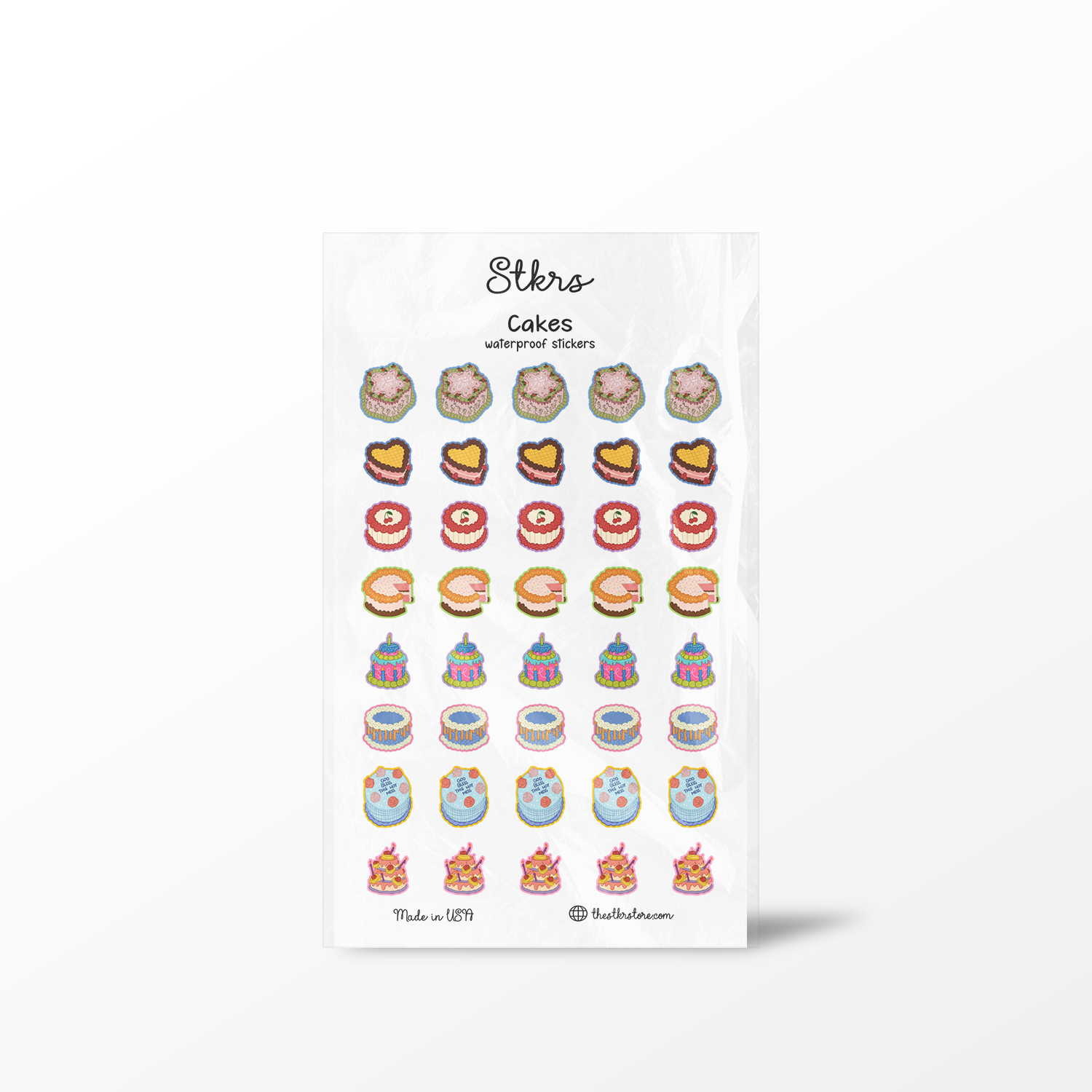 Sheet of cake-themed stickers by Stikro on a white background
