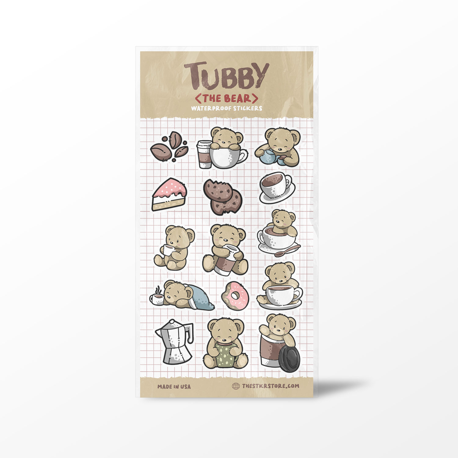 Sheet of 'Tubby the Bear' stickers with various bear illustrations on a grid background.