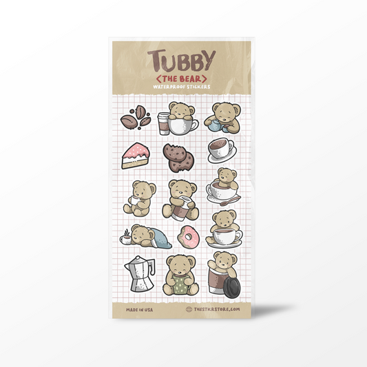 Sheet of 'Tubby the Bear' stickers with various bear illustrations on a grid background.