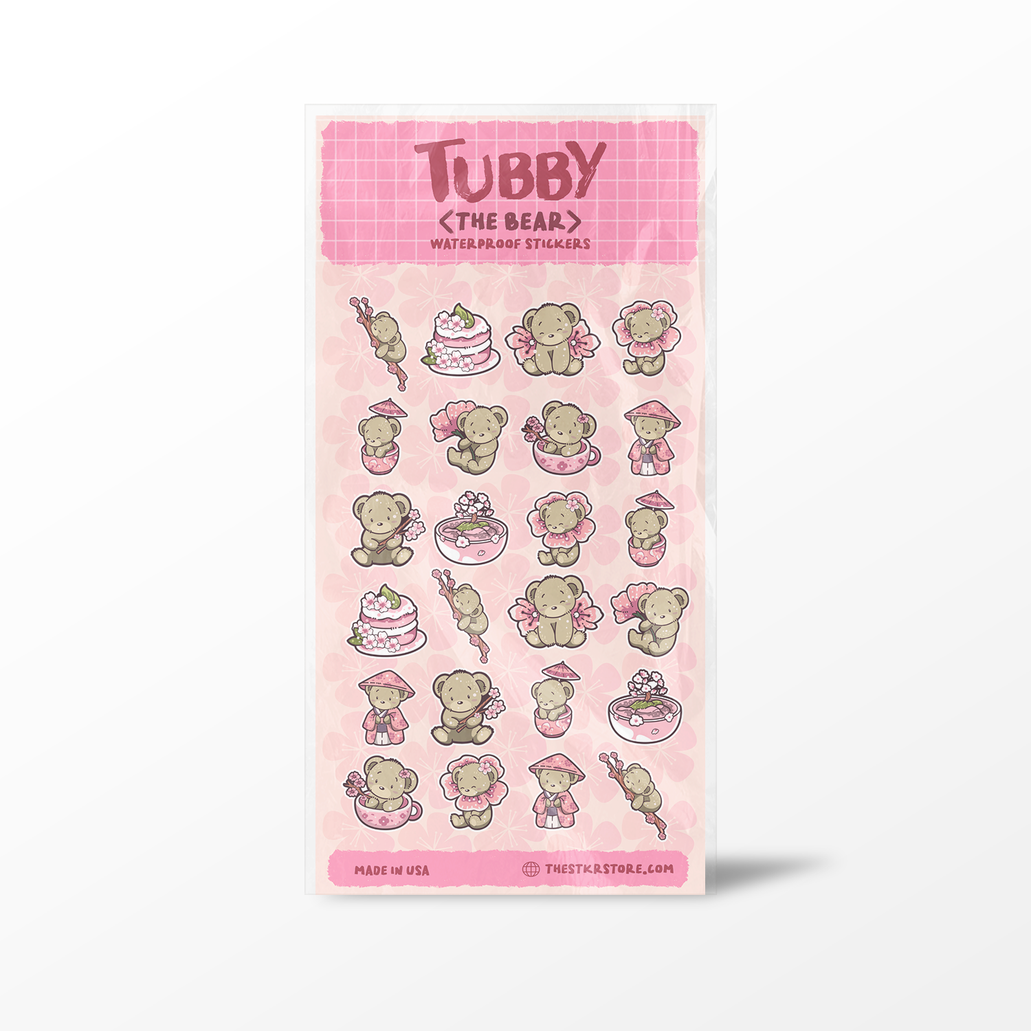 Pack of Tubby the Bear stickers with a pink checkered border on a white background