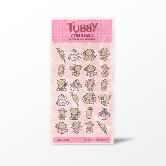 Pack of Tubby the Bear stickers with a pink checkered border on a white background