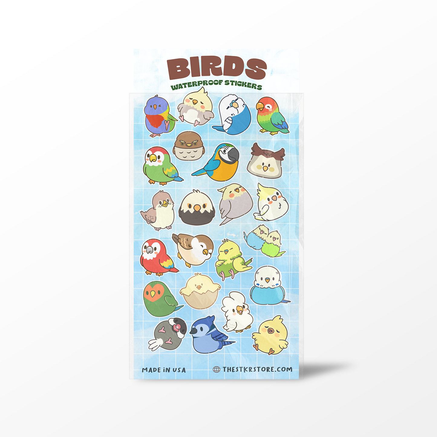 Sheet of cartoon bird stickers with a blue sky background