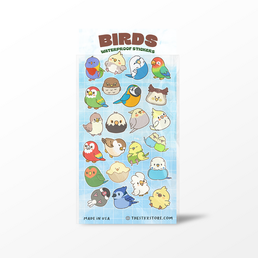 Sheet of cartoon bird stickers with a blue sky background