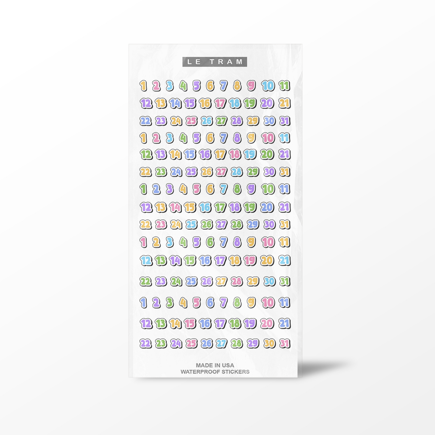 Packaging of colorful letter stickers by Le Tram on a white background