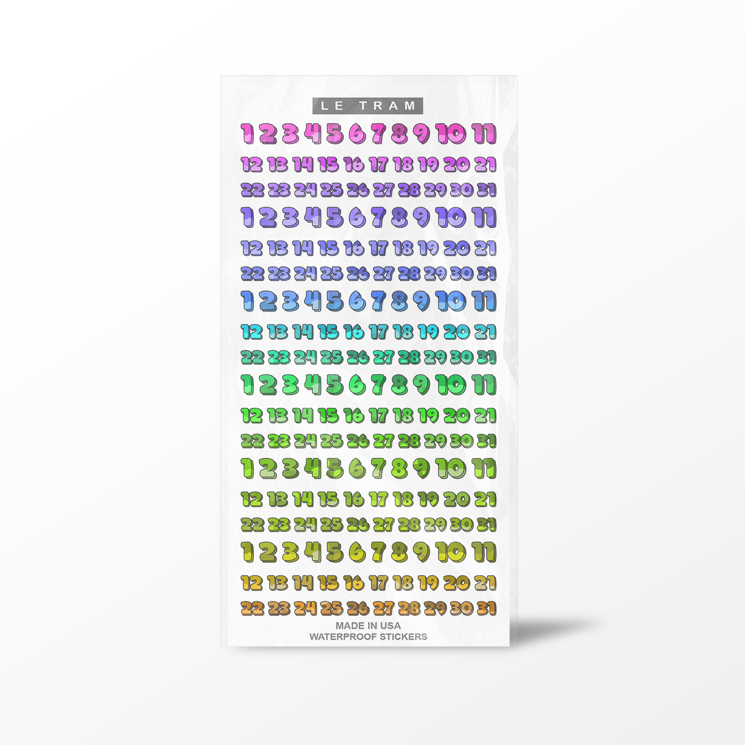 Sheet of colorful number stickers by Le Tram on a white background