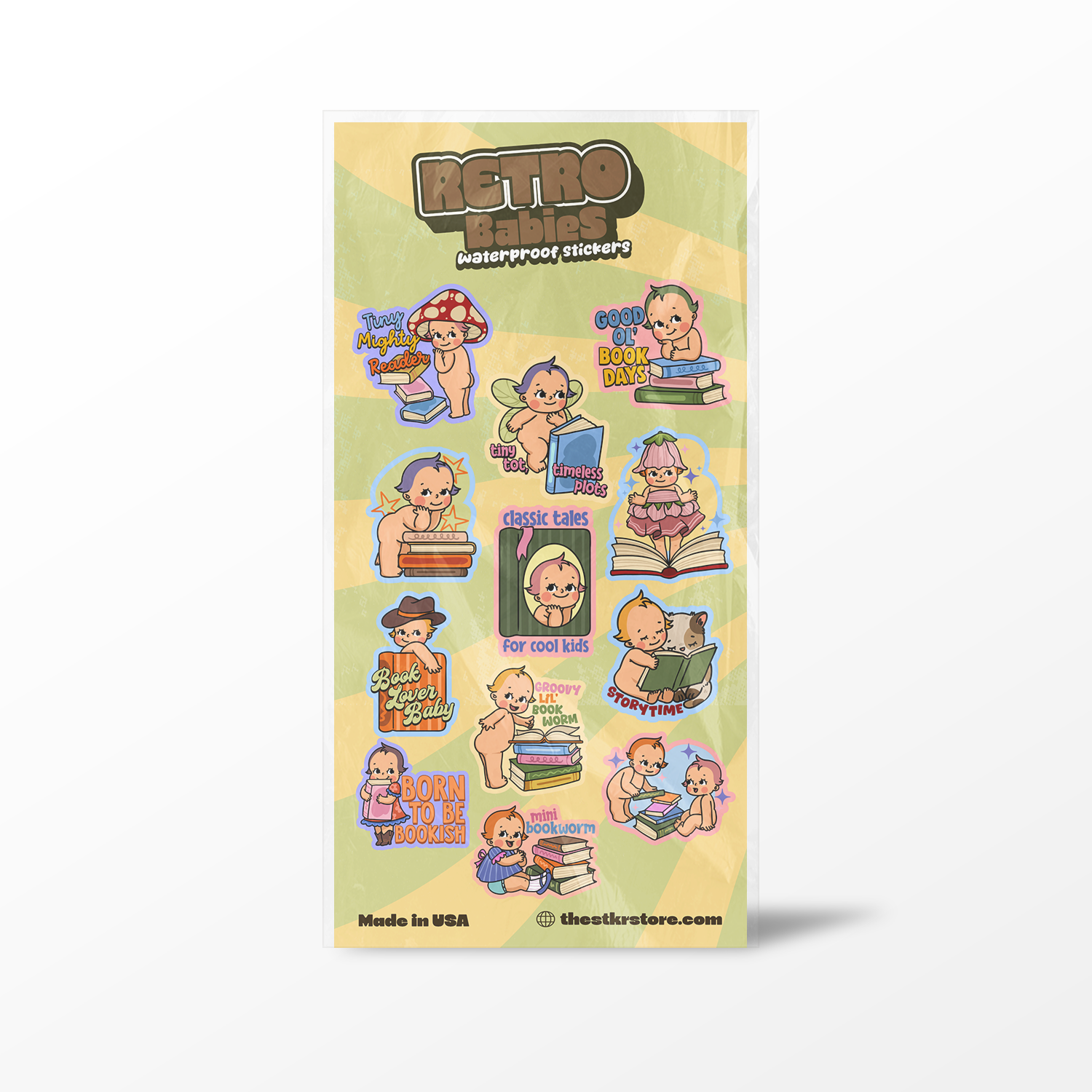 Pack of retro-themed stickers with baby illustrations on a yellow background
