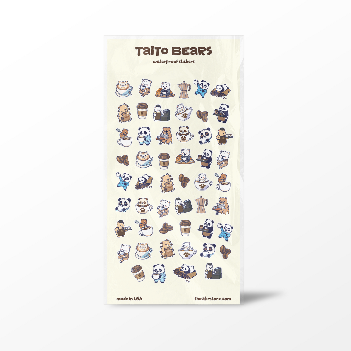 Sheet of Taito Bears waterproof stickers with various bear illustrations on a beige background.