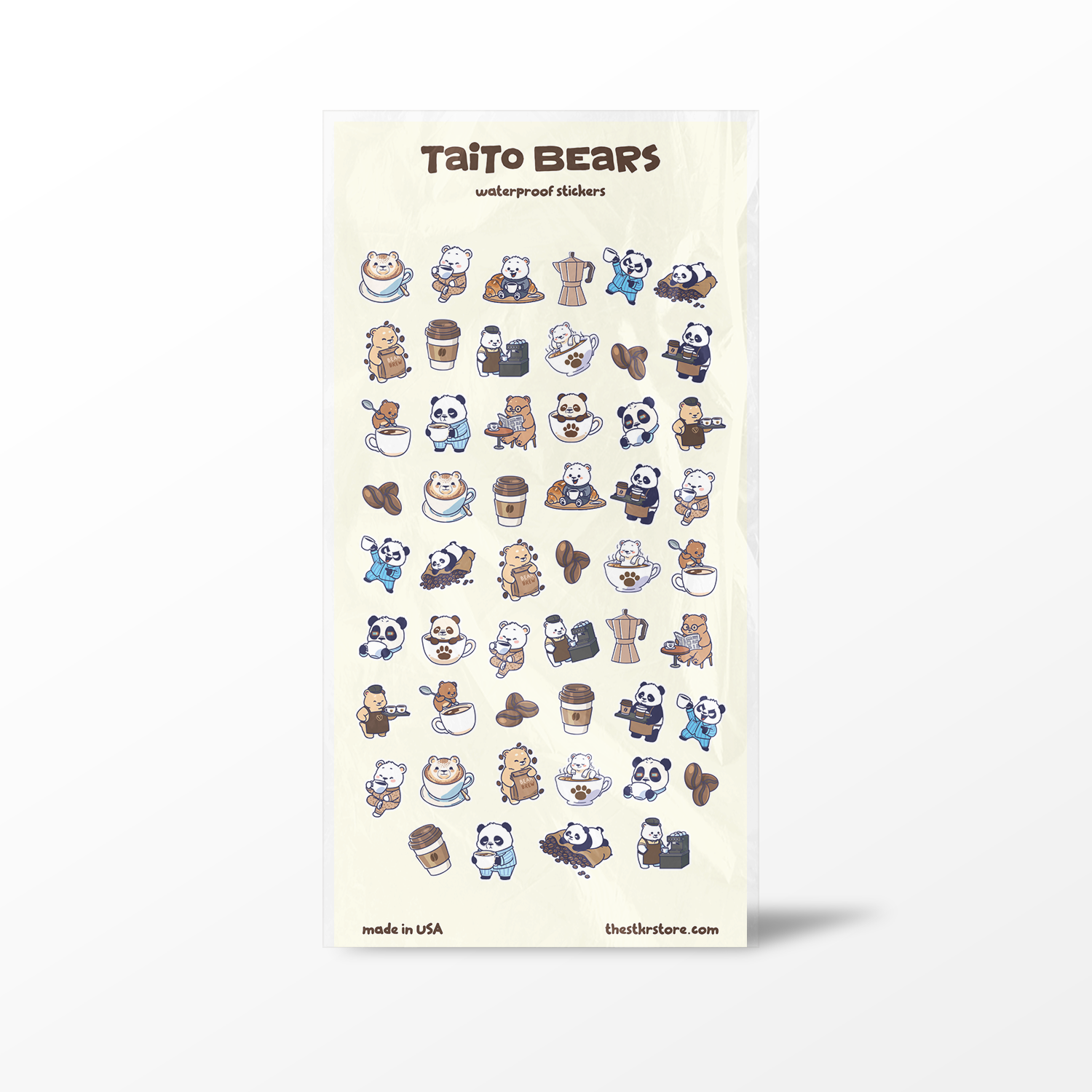 Sheet of Taito Bears waterproof stickers with various bear illustrations on a beige background.