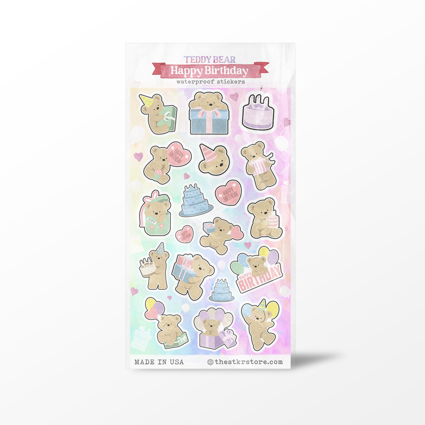 Pack of birthday-themed stickers with teddy bears and related items on a pastel background.
