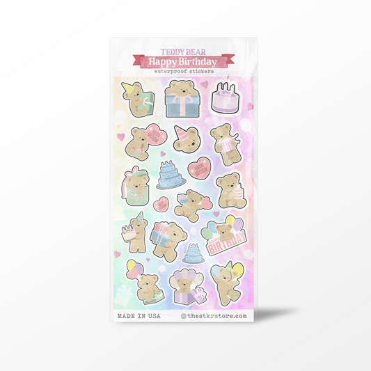 Pack of birthday-themed stickers with teddy bears and related items on a pastel background.