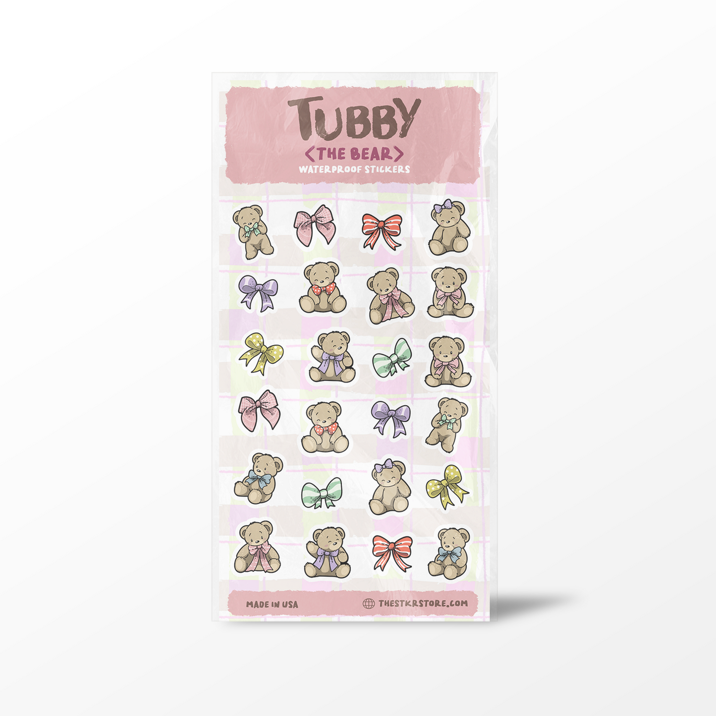 Pack of Tubby the Bear stickers with a pink label on a white background