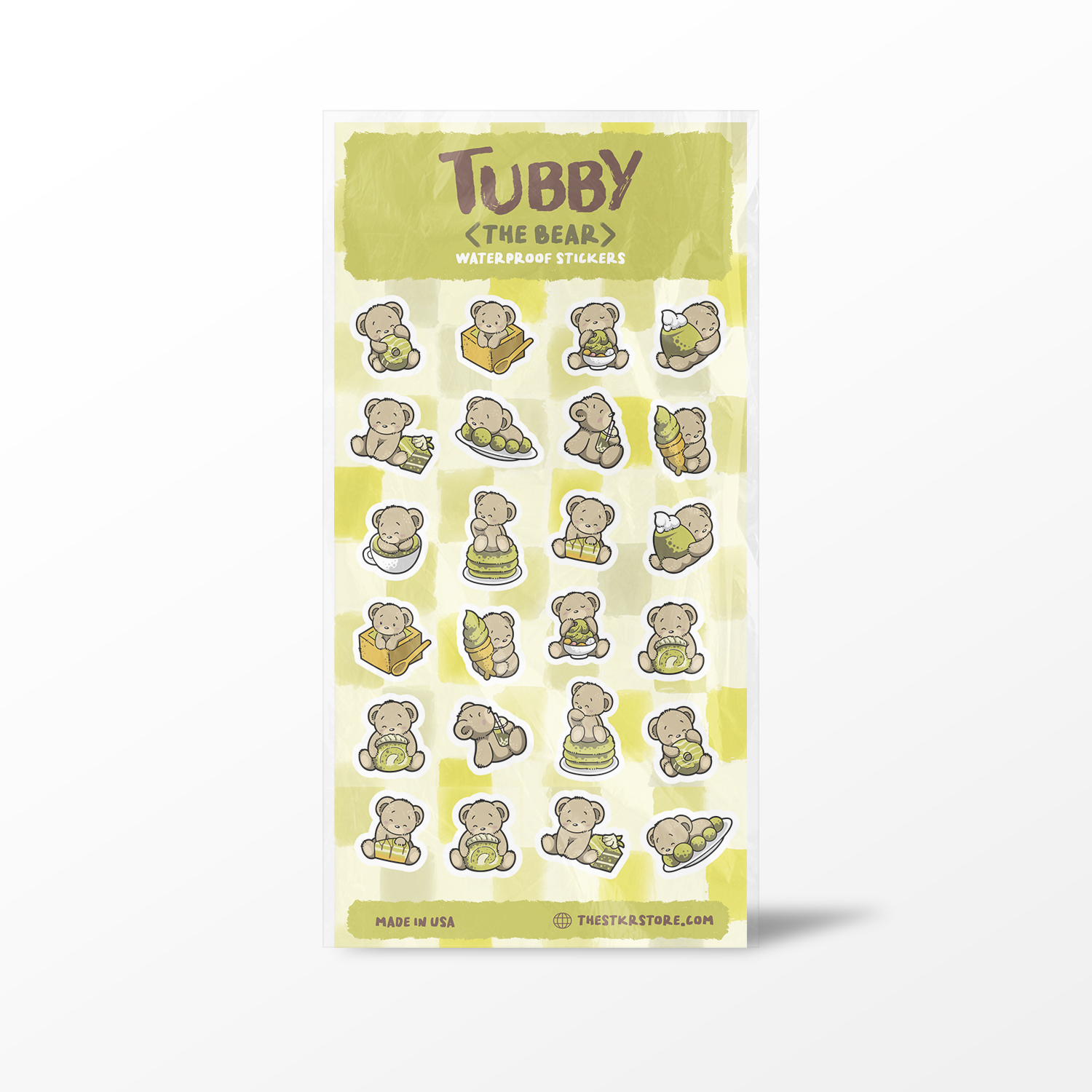 Packaging of Tubby the Bear stickers with a yellow border on a white background