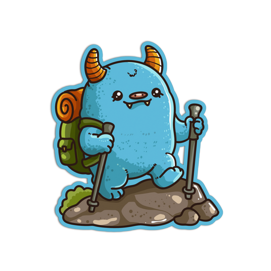 A cartoon sticker or decal of a cute blue monster with orange horns, holding hiking poles and wearing a green backpack, shown on a plain white background.