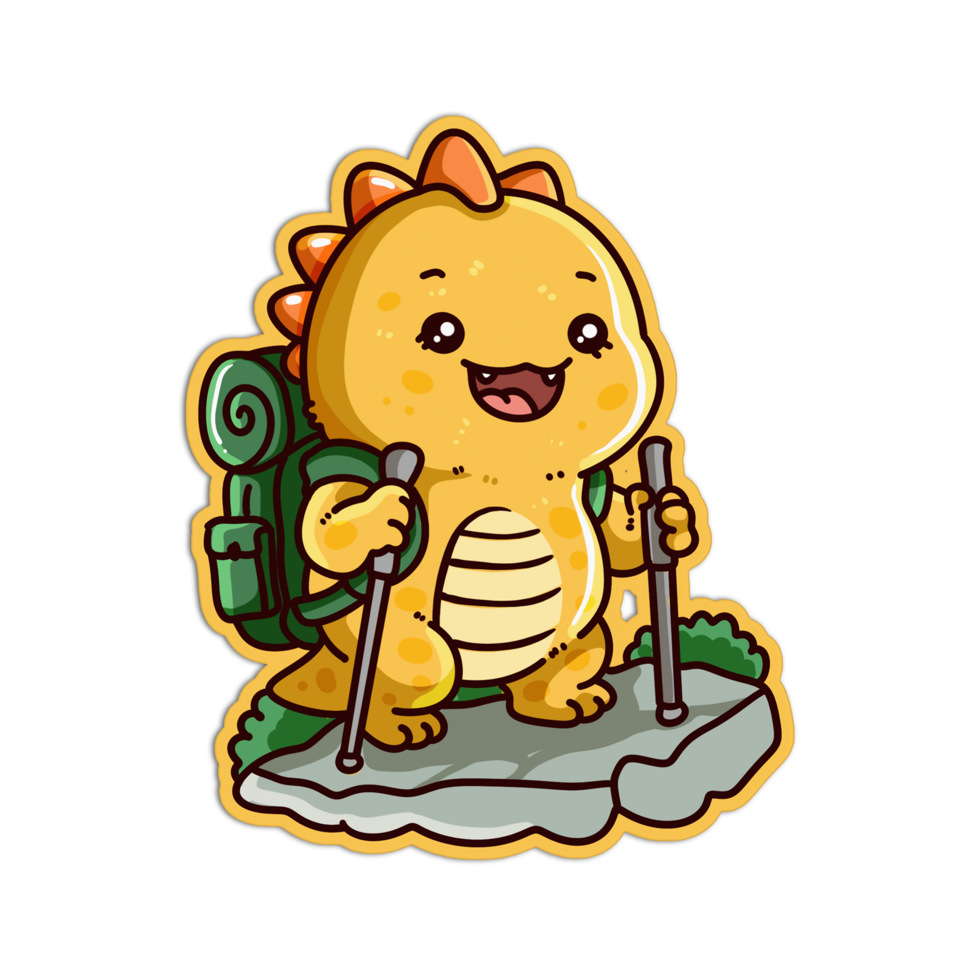 A cute cartoon sticker of a smiling yellow baby dinosaur with orange spikes, holding hiking poles and wearing a green backpack, isolated on a white background.