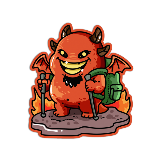 A cartoon-style red fire demon character sticker or graphic, smiling with yellow teeth, holding trekking poles, wearing a green backpack, standing on a rocky base with flames around it, on a plain white background.