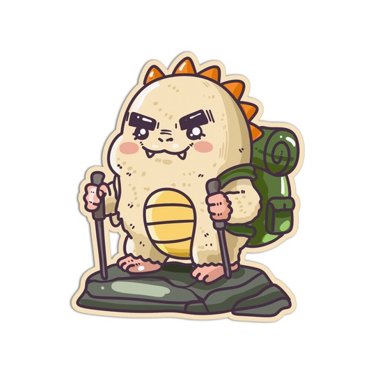 A cartoon die-cut sticker or decal of a cute beige creature with orange spikes, holding hiking poles and wearing a green backpack, shown on a plain white background.