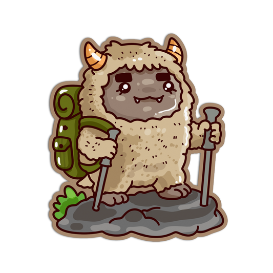 A cartoon sticker or decal of a cute furry monster with orange horns, a green backpack, and hiking poles on a gray rock base, shown on a plain white background.