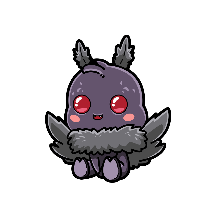 Cartoon character with purple body, red eyes, and gray wings on a white background