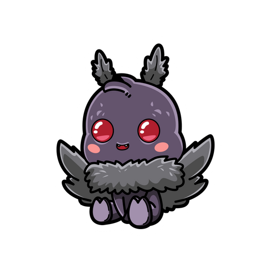 Cartoon character with purple body, red eyes, and gray wings on a white background