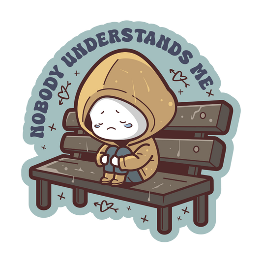 Illustration of a character in a hoodie sitting on a bench with 'Nobody Understands Me' text.