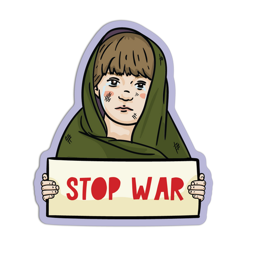 Illustration of a child holding a 'Stop War' sign with a green headscarf.