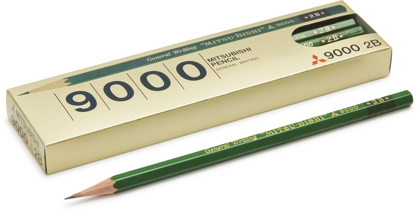 Mitsubishi 9000 2B graphite pencil and its gold-colored packaging box on a white background.