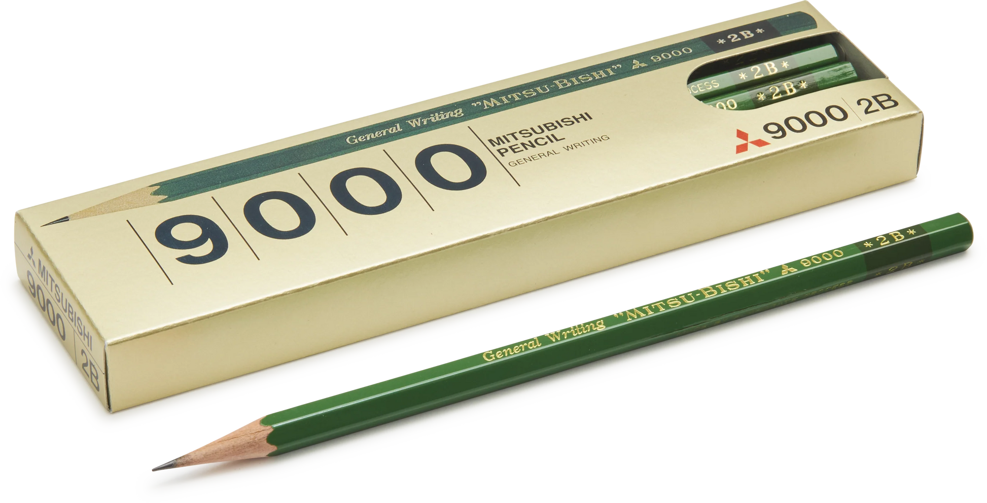 Mitsubishi 9000 2B graphite pencil and its gold-colored packaging box on a white background.