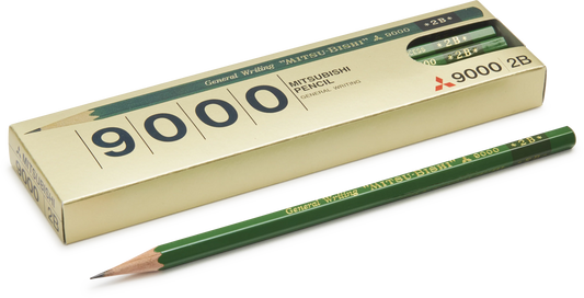 Mitsubishi 9000 2B graphite pencil and its gold-colored packaging box on a white background.
