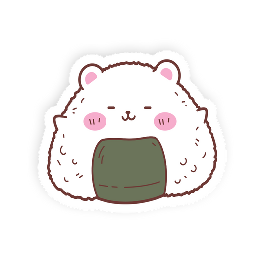 A cute cartoon sticker of a white hamster wearing a green onigiri (rice ball) with pink cheeks and brown outlines, isolated on a white background.