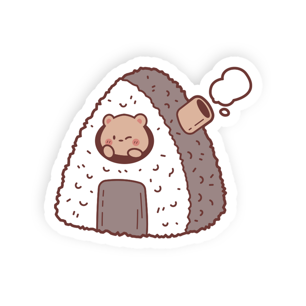 A cute cartoon sticker of a small bear inside a rice ball onigiri, with a thought bubble showing a cup, on a white background.