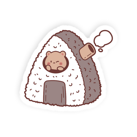 A cute cartoon sticker of a small bear inside a rice ball onigiri, with a thought bubble showing a cup, on a white background.