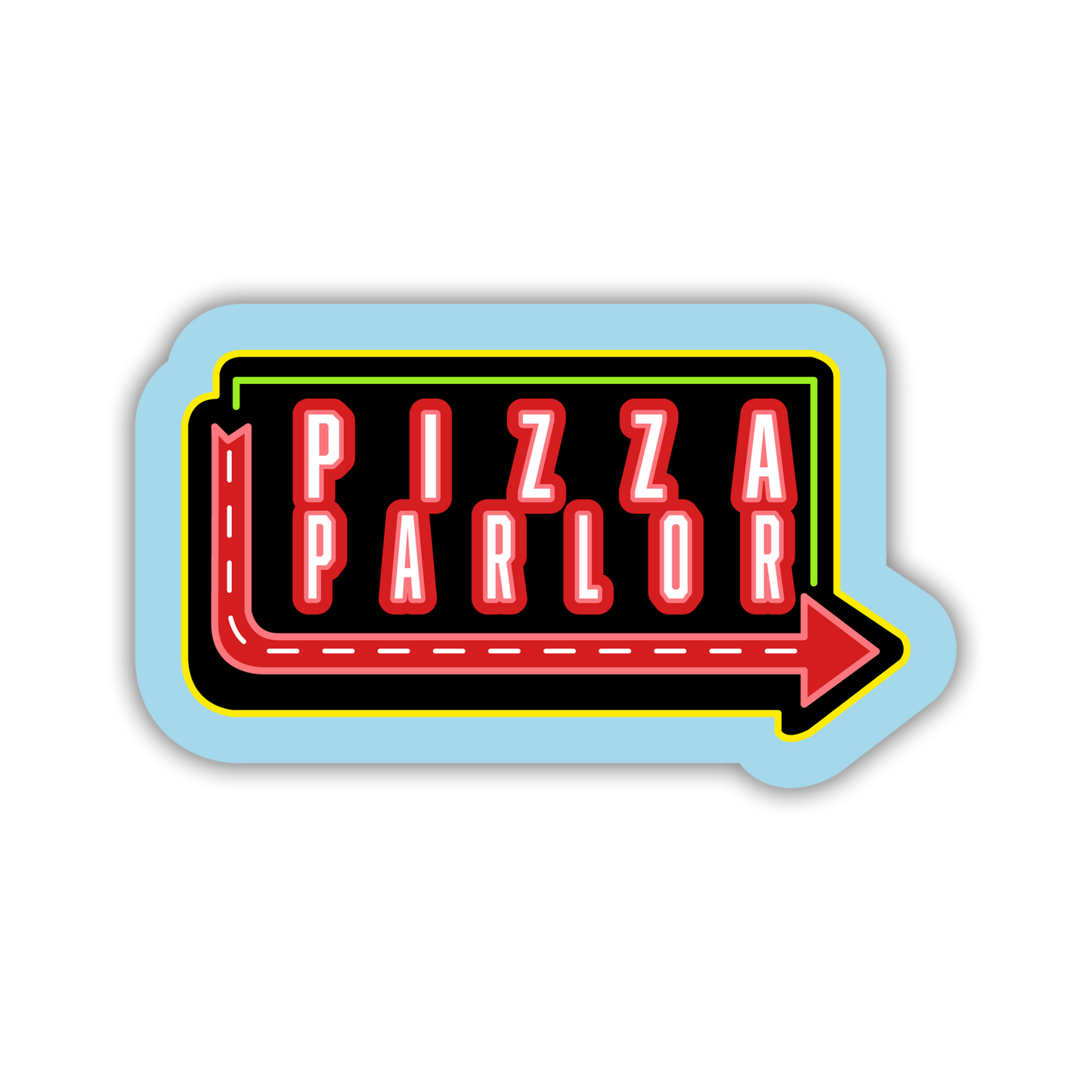 Sticker with 'Pizza Parlor' text and arrow on a white background