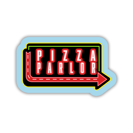 Sticker with 'Pizza Parlor' text and arrow on a white background