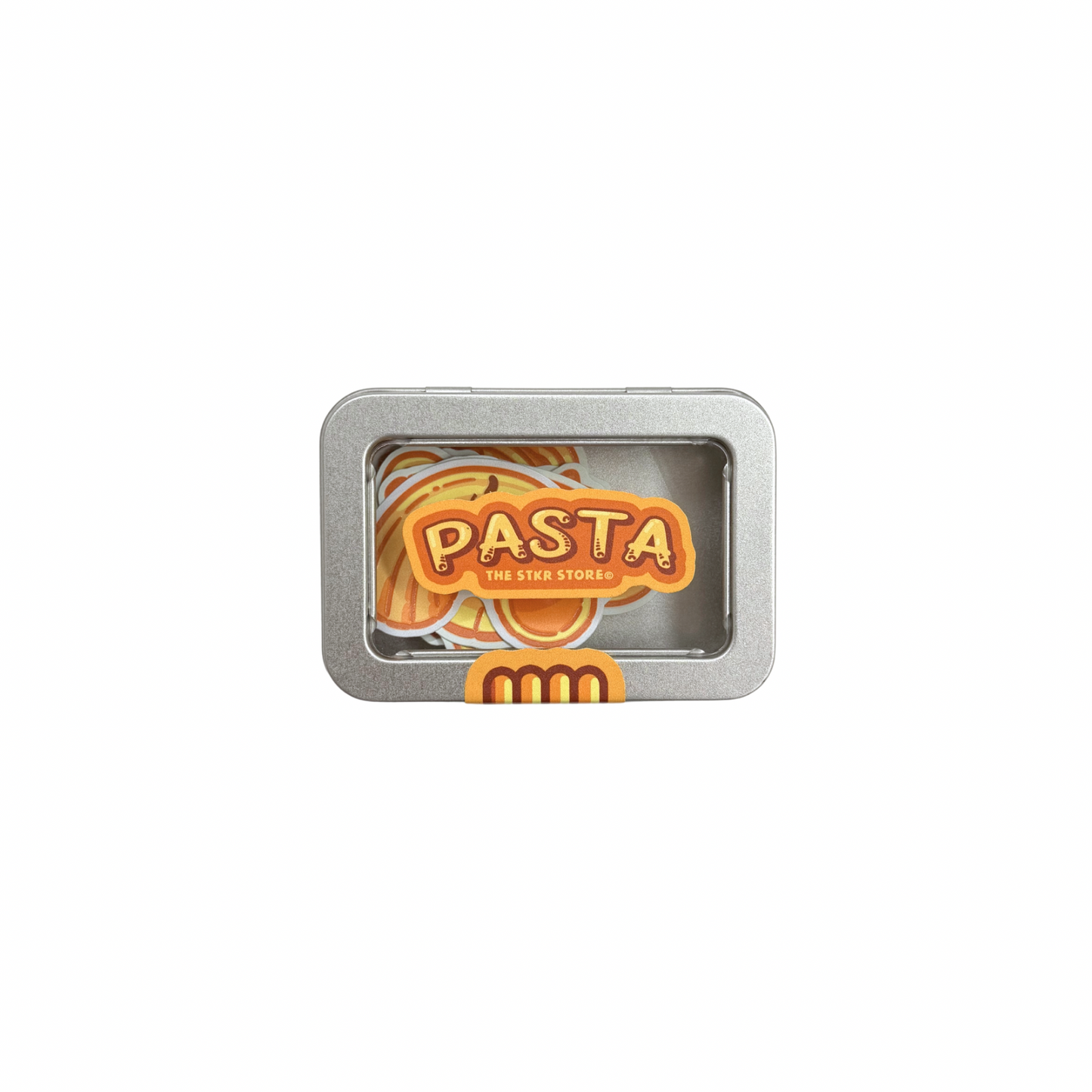 Metal tin with pasta inside on a white background