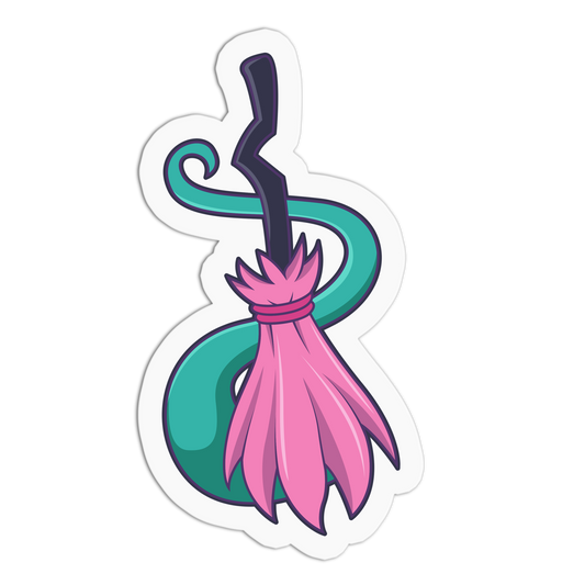 Pink Broom with Green Ribbon Halloween Textured Stickers