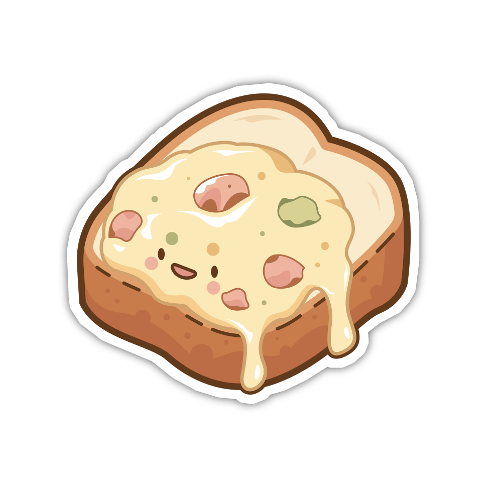 Cartoon toast with cream and fruit on a white background