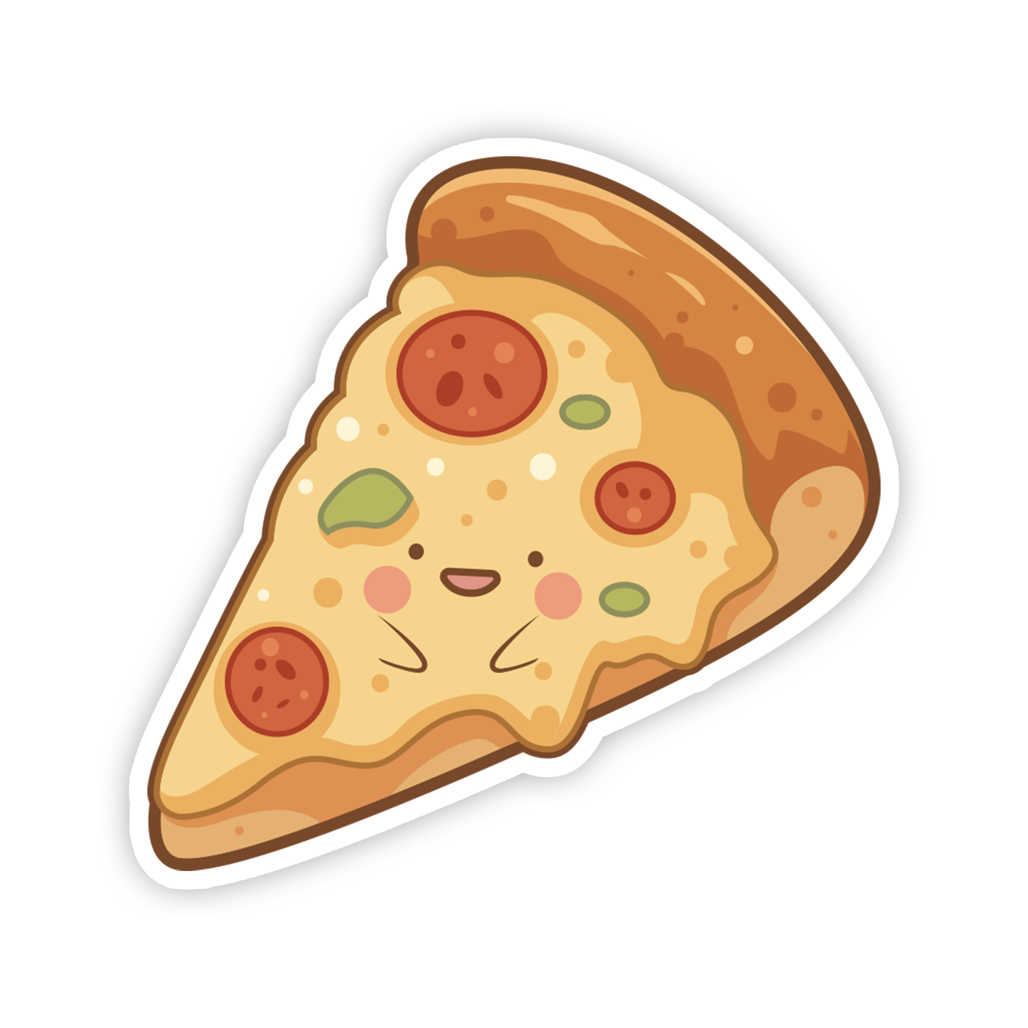 Cartoon slice of pizza with a happy face on a white background