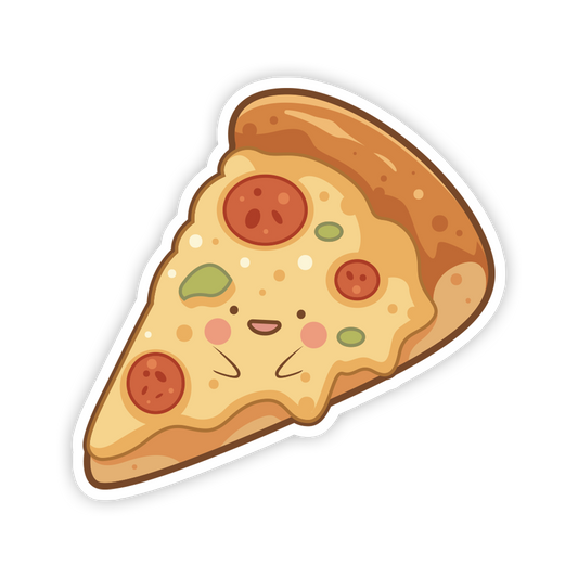 Cartoon slice of pizza with a happy face on a white background