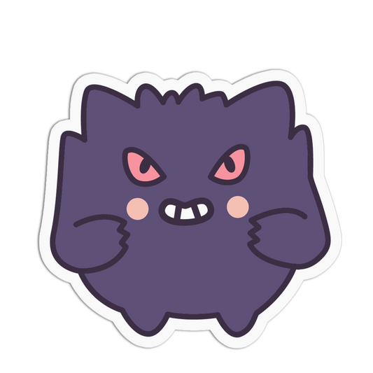 Cartoonish purple creature with angry expression on a white background