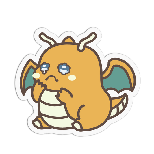 Cartoonish creature with a sad expression on a white background