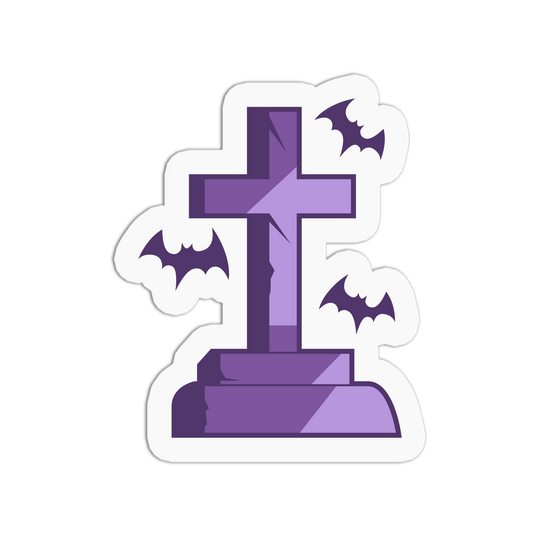 Purple Gravestone with Flying Bats Halloween Textured Stickers