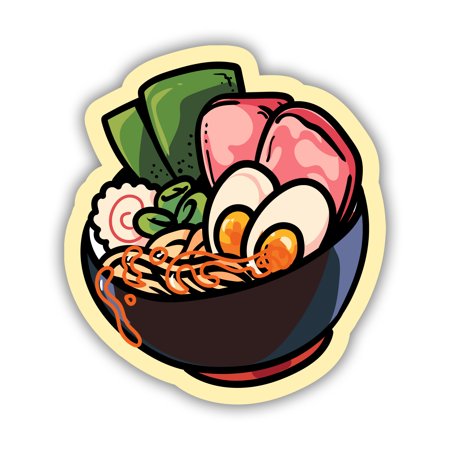 Illustration of a bowl of ramen with various toppings on a white background