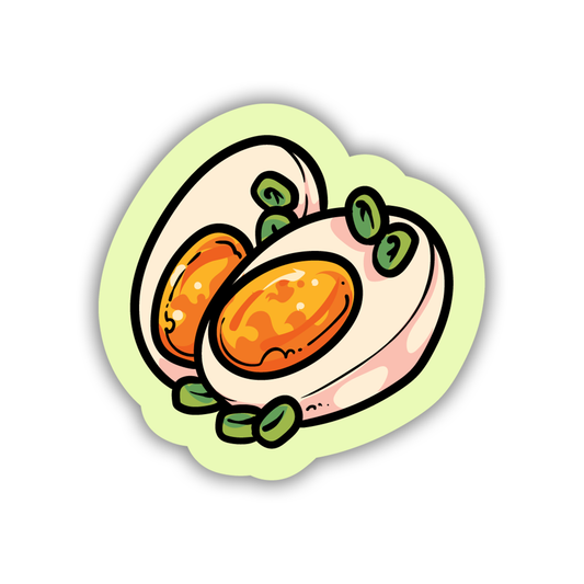 Sticker of an open shell with two peaches on a light green background