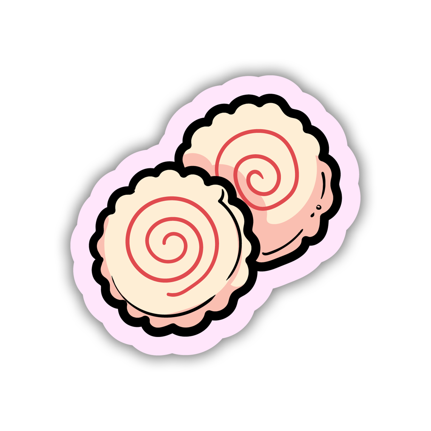 Two cartoon-style pastries with pink swirls on a white background